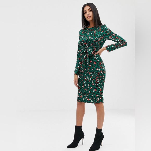 PrettyLittleThing Green Leopard Print High Low Dress - Picture 1 of 12